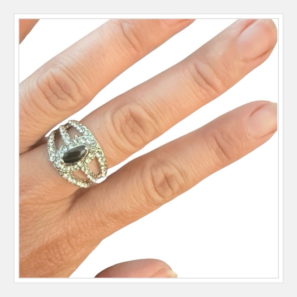 Fabulous 1980’s Glam Rhinestone Statement Ring with Black Center Stone, Size 7